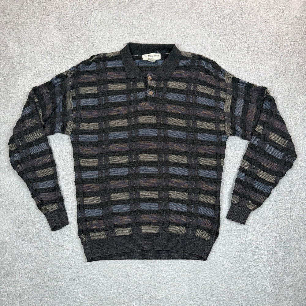 Vintage San Mateo Island Mens Medium Textured 3D Knit Polo Sweater Charcoal Blue